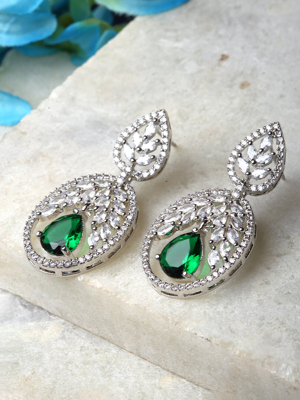 Rhodium-Plated Green & White American Diamond studded Oval Shaped Drop Earrings