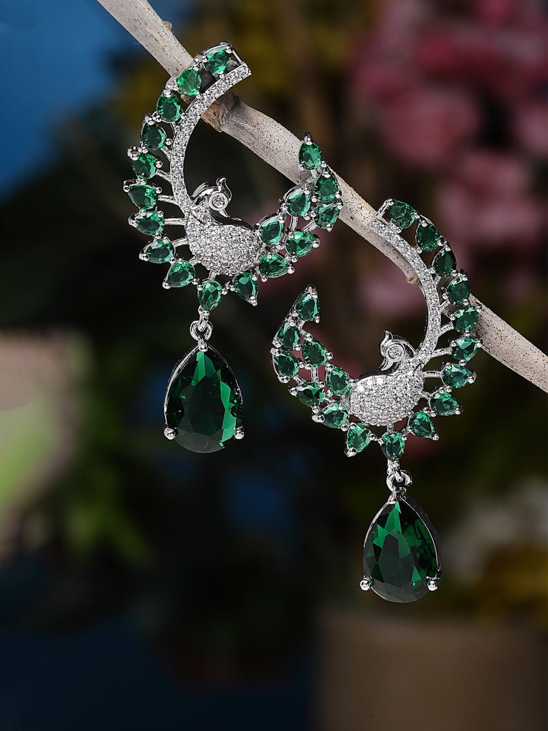 Rhodium-Plated Green American Diamond studded Peacock & Feather Shaped Drop Earrings