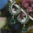 Rhodium-Plated Green American Diamond studded Peacock & Feather Shaped Drop Earrings