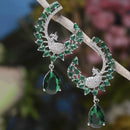 Rhodium Plated Peacock Feather Green American Diamond Contemporary Long Drop Earrings