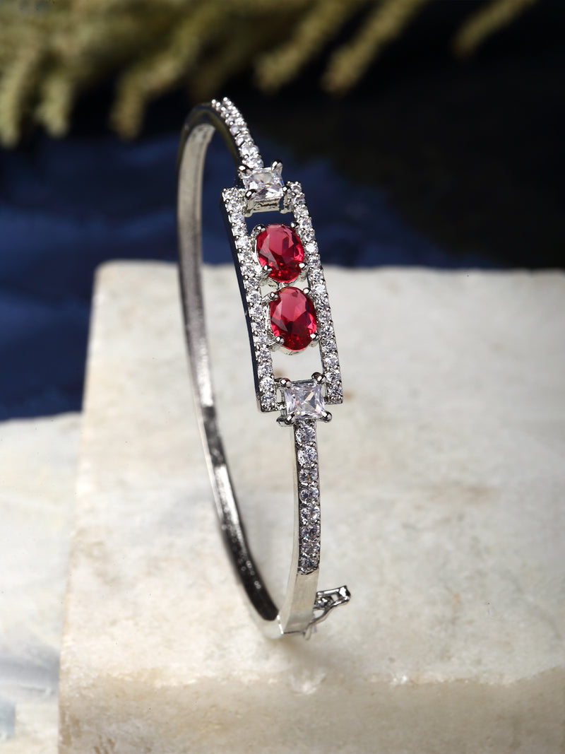 Rhodium-Plated Silver Toned Red American Diamond Studded Kada Bracelet