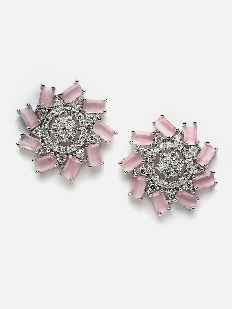 Rhodium-Plated Pink & White American Diamond studded Floral Shaped Handcrafted Stud Earrings