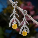 Rhodium Plated Quirky Yellow American Diamond Contemporary Long Drop Earrings