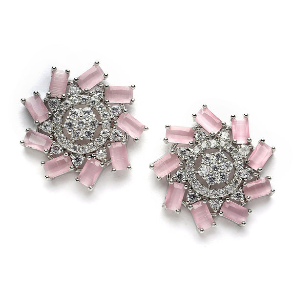 Rhodium-Plated Pink & White American Diamond studded Floral Shaped Handcrafted Stud Earrings