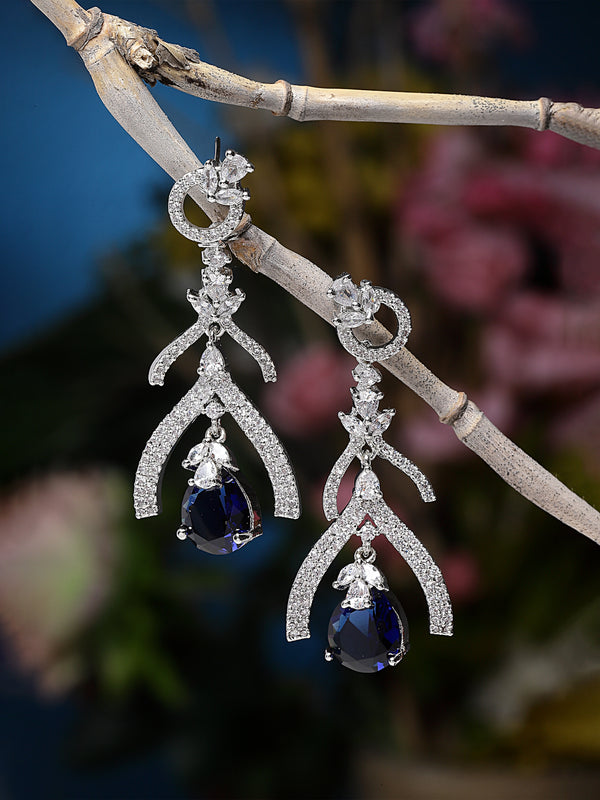 Rhodium-Plated Navy Blue American Diamond studded Teardrop & Quirky Shaped Drop Earrings