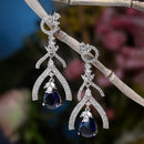 Rhodium Plated Quirky Blue AD Studded Contemporary Long Drop Earrings