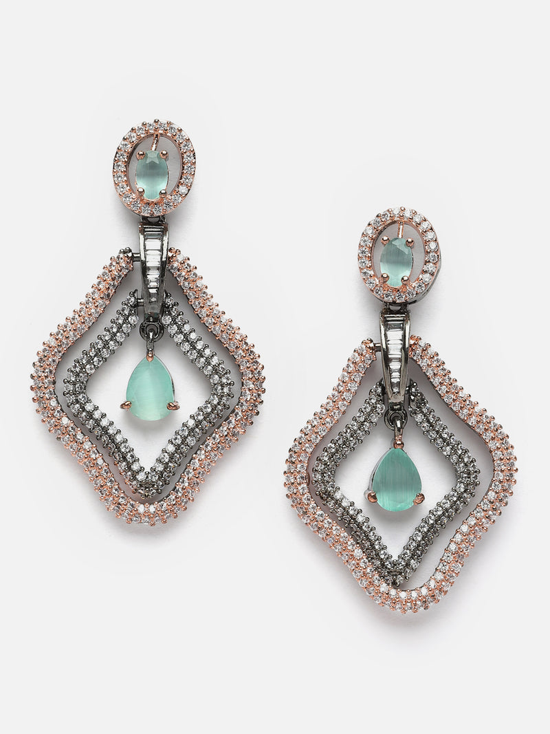 Rose Gold-Plated Gunmetal Toned Sea Green American Diamond studded Layered Drop Earrings