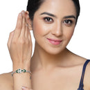 Rhodium-Plated Silver Toned Leaf Shaped Emerald Green American Diamond Studded Bracelet