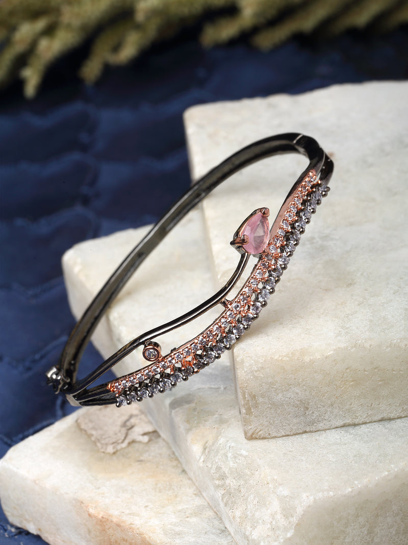 Rose Gold-Plated Gunmetal Toned Pink American Diamond Studded Kada Bracelet