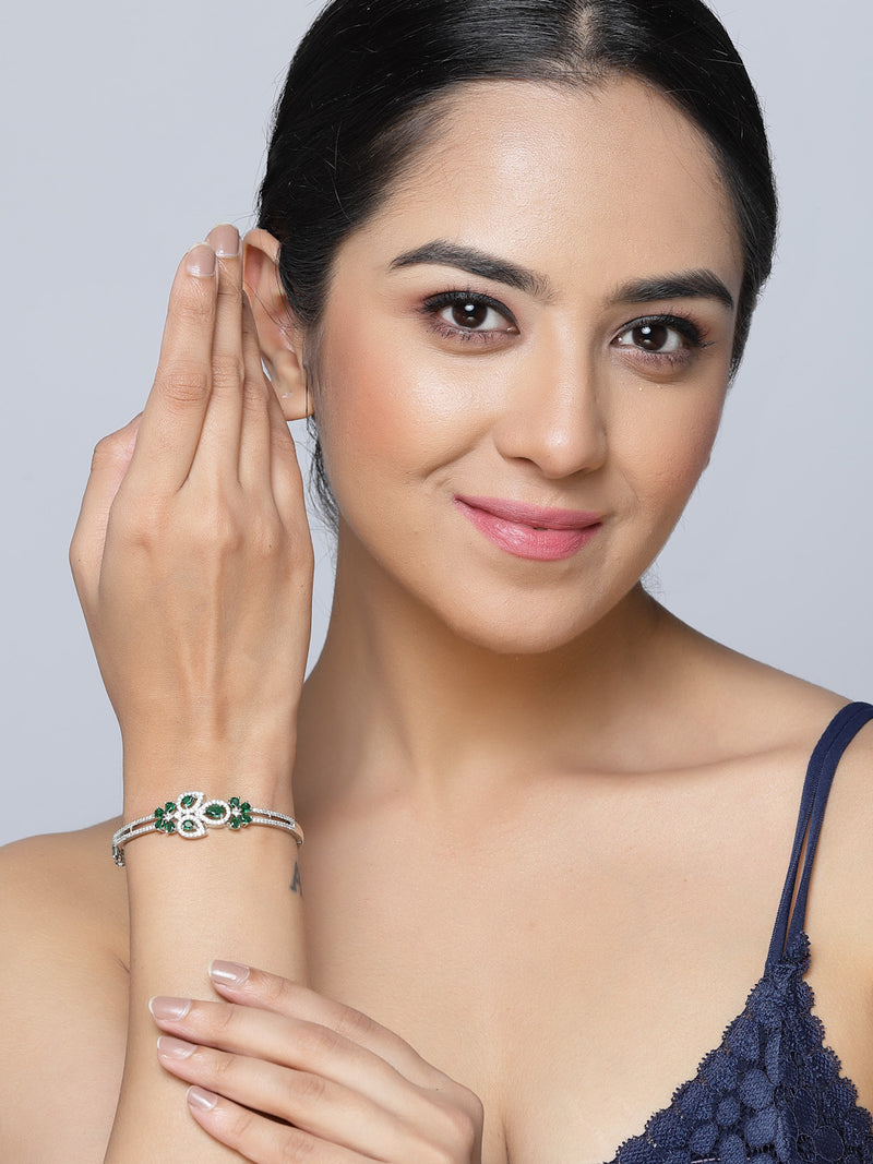 Rhodium-Plated Green American Diamond Studded Leaf Shaped Kada Bracelet