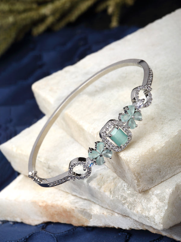 Rhodium-Plated Silver Toned Sea Green American Diamond Studded Kada Bracelet