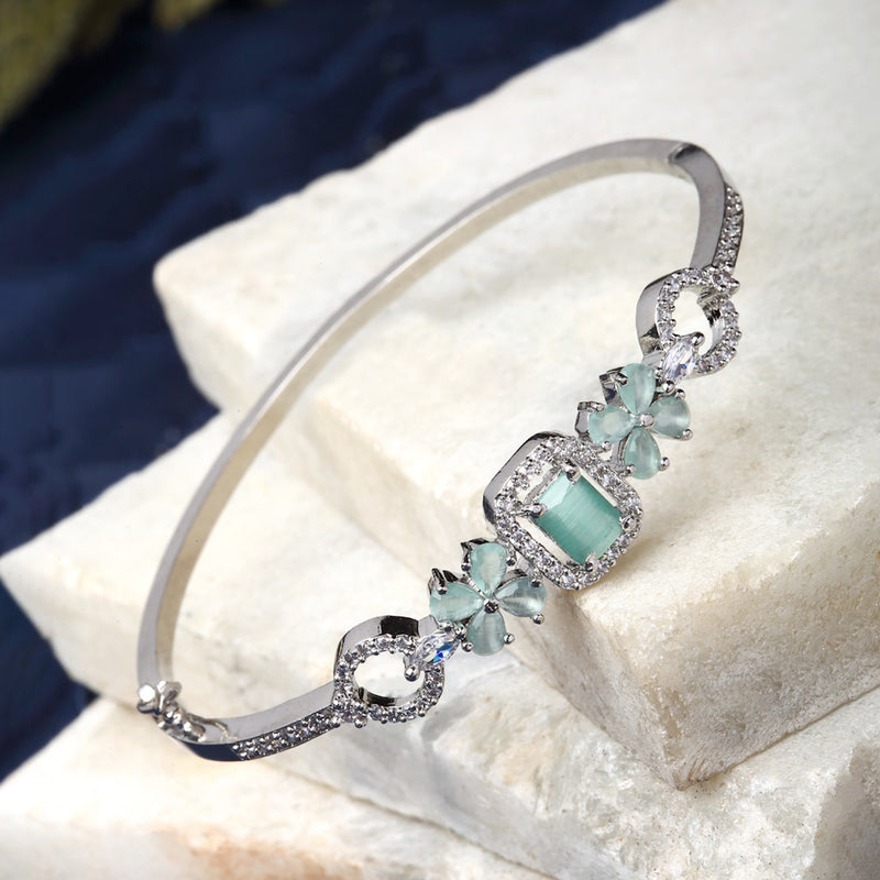 Rhodium-Plated Silver Toned Square Shaped Sea Green American Diamond Studded Bracelet