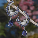 Rhodium Plated Peacock Feather Blue American Diamond Contemporary Long Drop Earrings
