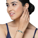 Rhodium-Plated Silver Toned Leaf Shaped Emerald Green American Diamond Studded Bracelet