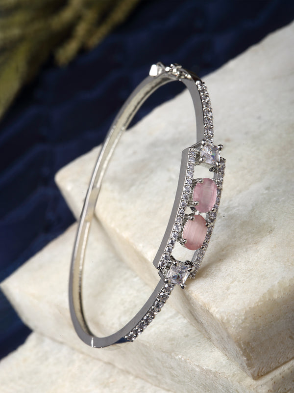 Rhodium-Plated Silver Toned Pink American Diamond Studded Kada Bracelet