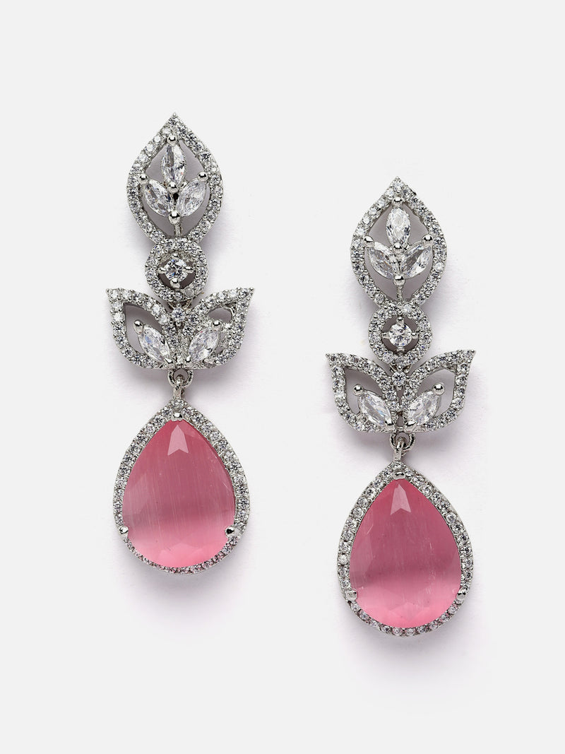 Rhodium-Plated Pink American Diamond studded Teardrop & Leaf Shaped Drop Earrings