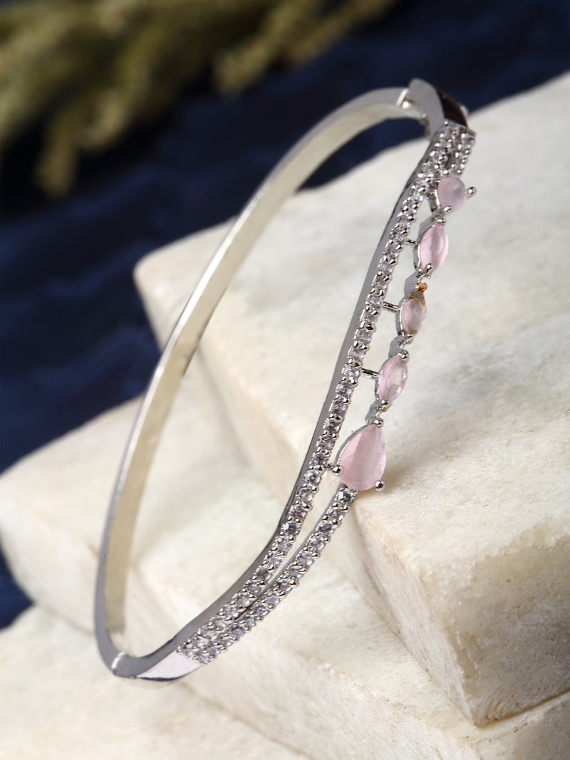 Rhodium-Plated Silver Toned Pink Teardrop Shape American Diamond Studded Kada Bracelet