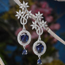 Rhodium-Plated Navy Blue American Diamond studded Contemporary Drop Earrings