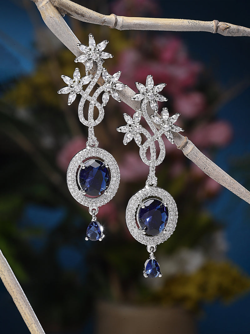 Rhodium-Plated Navy Blue American Diamond studded Contemporary Drop Earrings