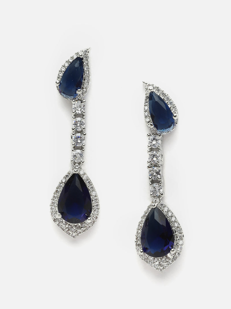 Rhodium-Plated Navy Blue & White American Diamond studded Teardrop Shaped Classic Drop Earrings