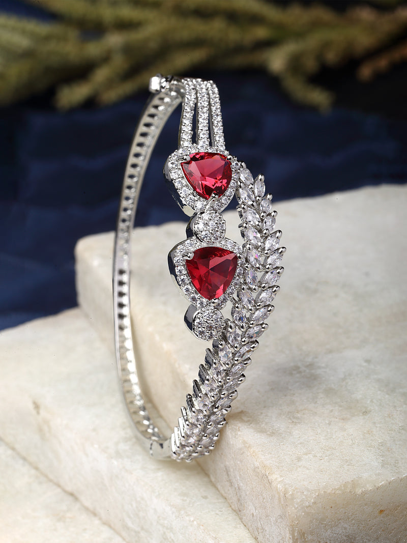 Rhodium-Plated Red American Diamond Studded Teardrop & Leaf Shaped Kada Bracelet