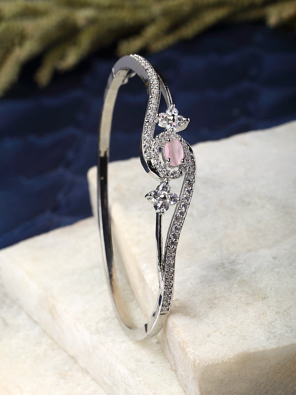 Rhodium-Plated Silver Toned Pink American Diamond Studded Kada Bracelet