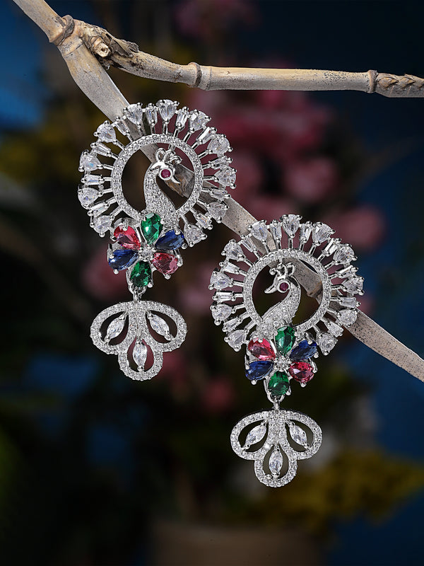 Rhodium-Plated Multi-Colour American Diamond studded Handcrafted Peacock Shaped Drop Earrings