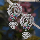 Rhodium-Plated Multi-Colour American Diamond studded Handcrafted Peacock Shaped Drop Earrings