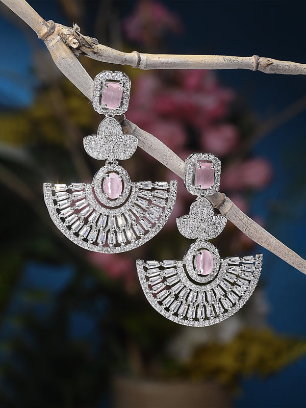 Rhodium-Plated Pink & White American Diamond studded Leaf Shaped Drop Earrings