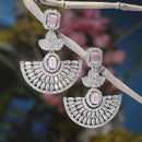Rhodium-Plated Pink & White American Diamond studded Leaf Shaped Drop Earrings