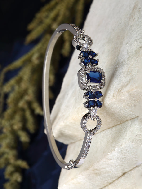 Rhodium-Plated Silver Toned Navy Blue American Diamond Studded Kada Bracelet