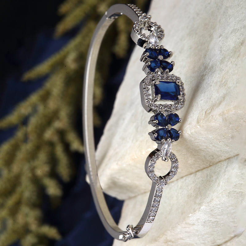 Rhodium-Plated Silver Toned Square Shaped Royal Blue American Diamond Studded Bracelet