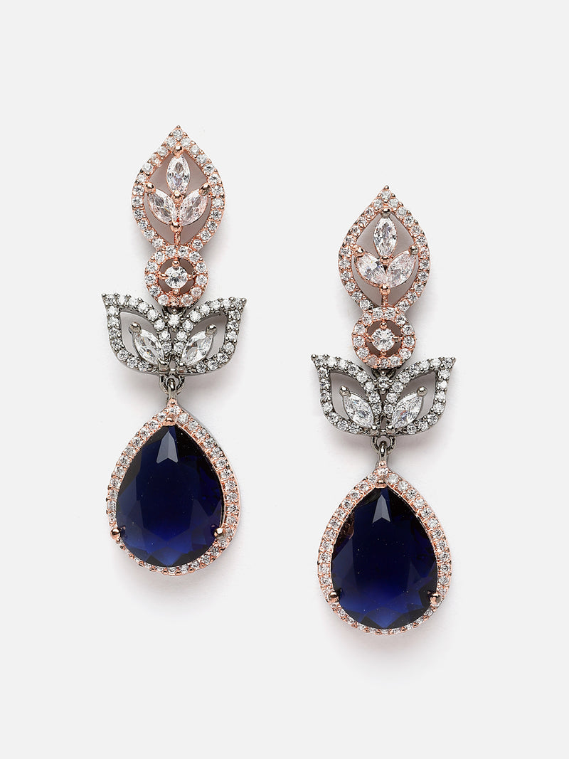 Rose Gold-Plated Gunmetal Toned Navy Blue American Diamond Teardrop & Leaf Shaped Drop Earrings