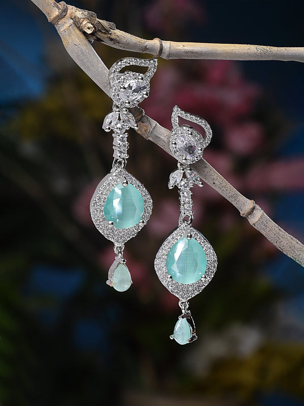 Rhodium-Plated Sea Green & White American Diamond studded Handcrafted Teardrop Drop Earrings