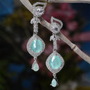 Rhodium Plated Teardrop Sea Green American Diamond Contemporary Long Drop Earrings