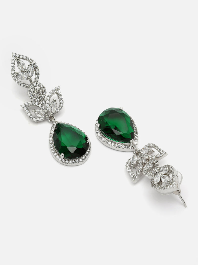 Rhodium-Plated Green American Diamond studded Teardrop & Leaf Shaped Drop Earrings