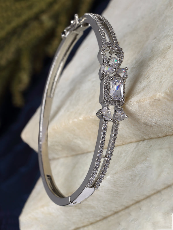 Rhodium-Plated Silver Toned Grey American Diamond Studded Kada Bracelet