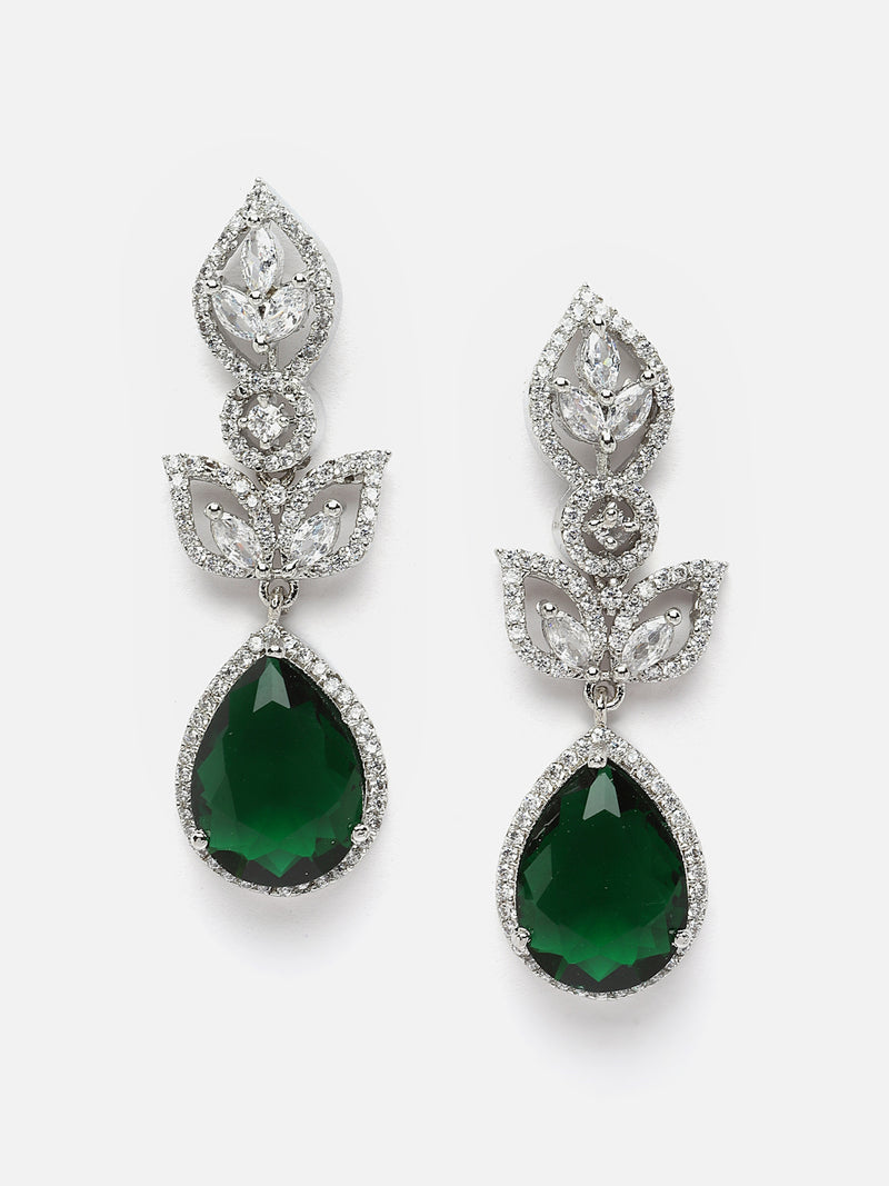 Rhodium-Plated Green American Diamond studded Teardrop & Leaf Shaped Drop Earrings