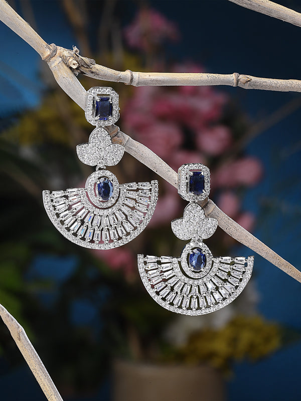 Rhodium-Plated Navy Blue & White American Diamond studded Leaf Shaped Drop Earrings