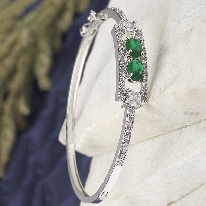 Rhodium-Plated Silver Toned Emerald Green American Diamond Studded Kada Bracelet