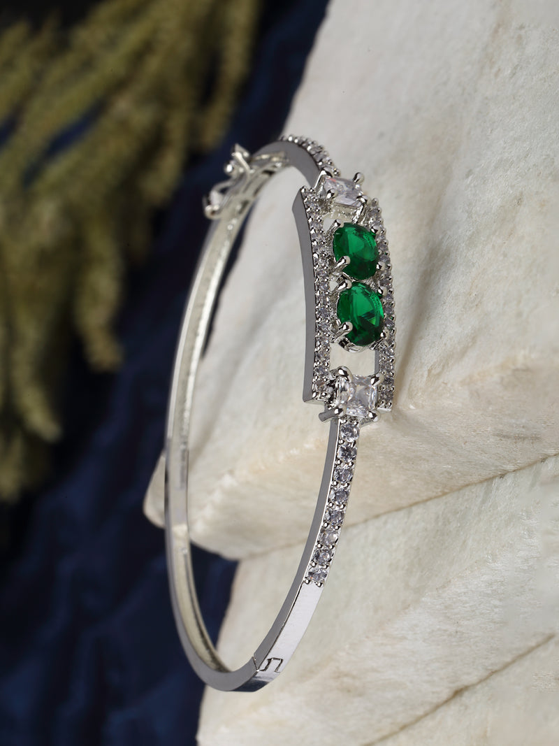 Rhodium-Plated Silver Toned Green American Diamond Studded Kada Bracelet