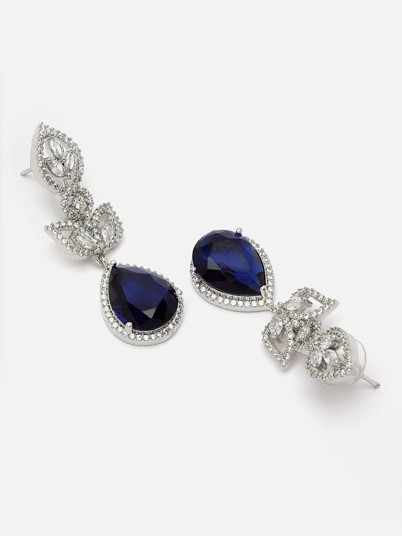 Rhodium-Plated Navy Blue American Diamond studded Teardrop & Leaf Shaped Drop Earrings