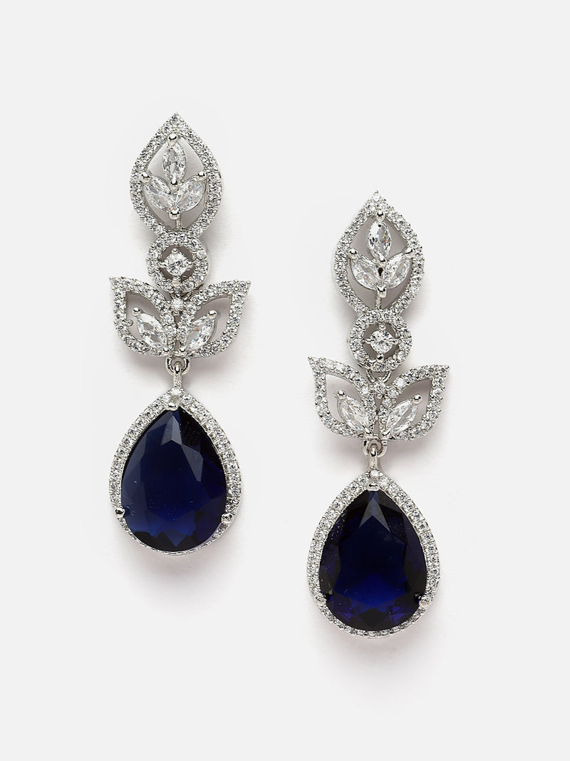 Rhodium-Plated Navy Blue American Diamond studded Teardrop & Leaf Shaped Drop Earrings