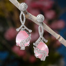 Rhodium-Plated Pink & White American Diamond studded Trardrop Shaped Drop Earrings