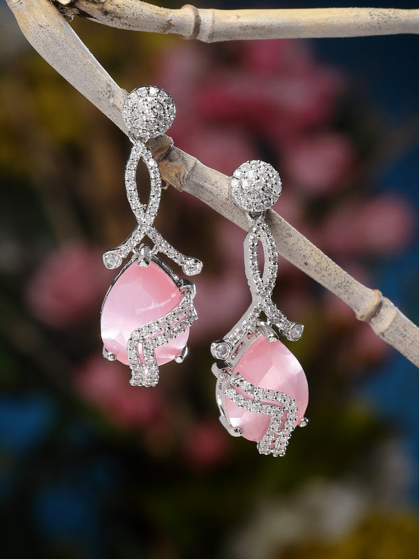 Rhodium-Plated Pink & White American Diamond studded Trardrop Shaped Drop Earrings