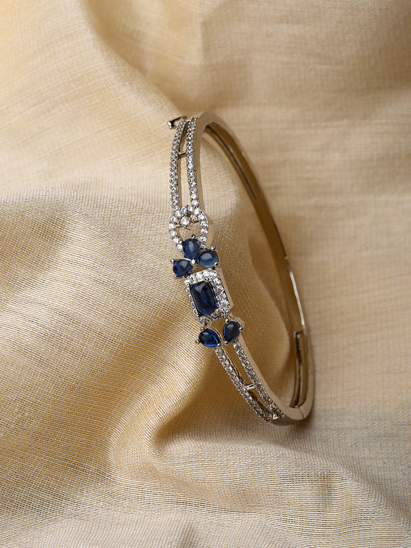 Rhodium-Plated Silver Toned Navy Blue American Diamond Studded Kada Bracelet