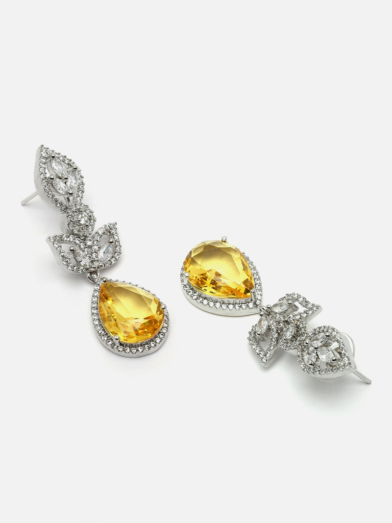 Rhodium-Plated Yellow American Diamond studded Teardrop & Leaf Shaped Drop Earrings