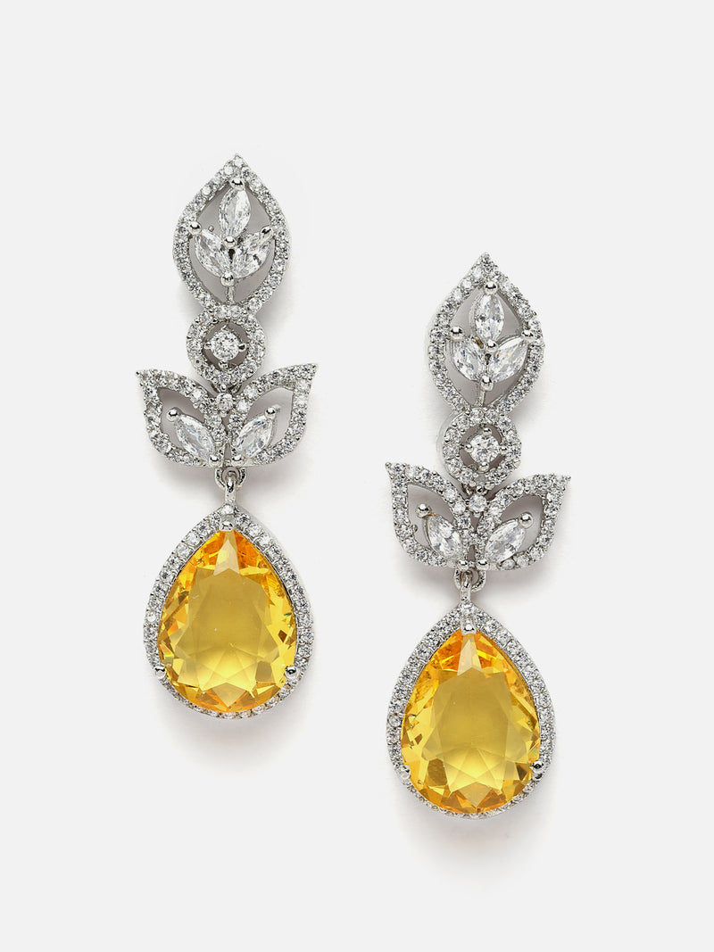 Rhodium-Plated Yellow American Diamond studded Teardrop & Leaf Shaped Drop Earrings