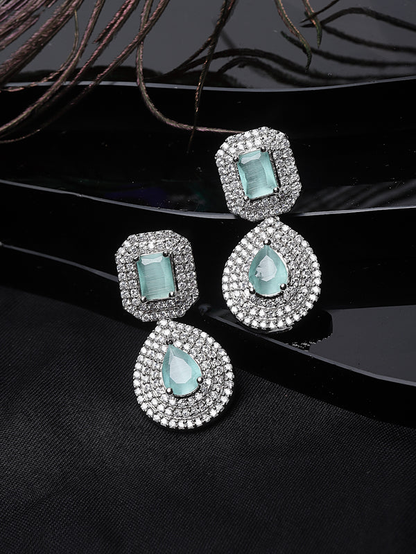 Rhodium-Plated Sea Green & White American Diamond studded Square & Teardrop Shaped Drop Earrings