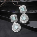 Rhodium Plated Square Sea Green American Diamond Contemporary Drop Earrings